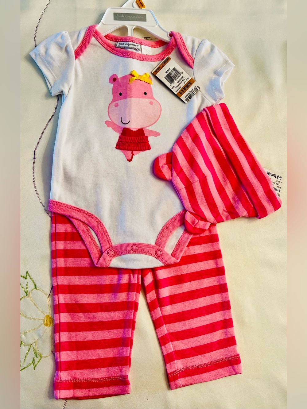 First Impressions Pink and White Hippo Bodysuit Set